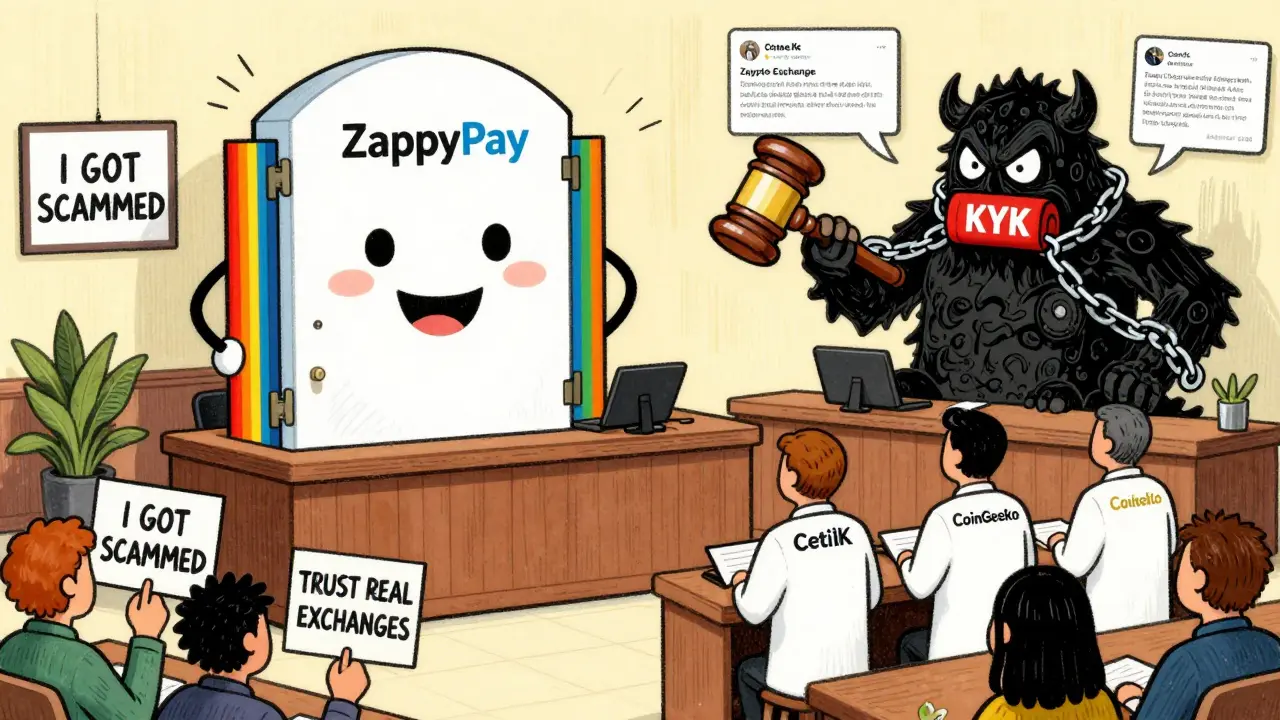 Courtroom trial with ZappyPay as a friendly gate and fake exchange as a chained monster, judged by security icons in Peter Max style.