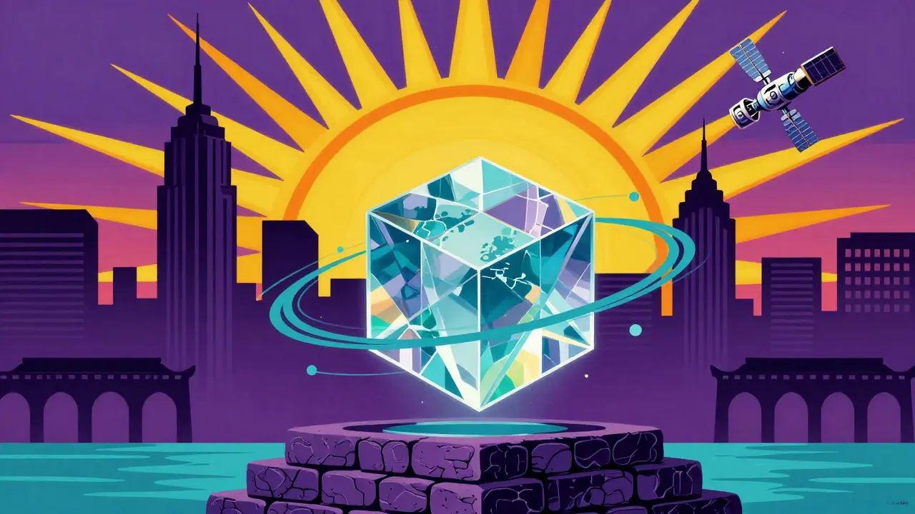 Crystal cube on stone foundation under rising sun in vibrant art