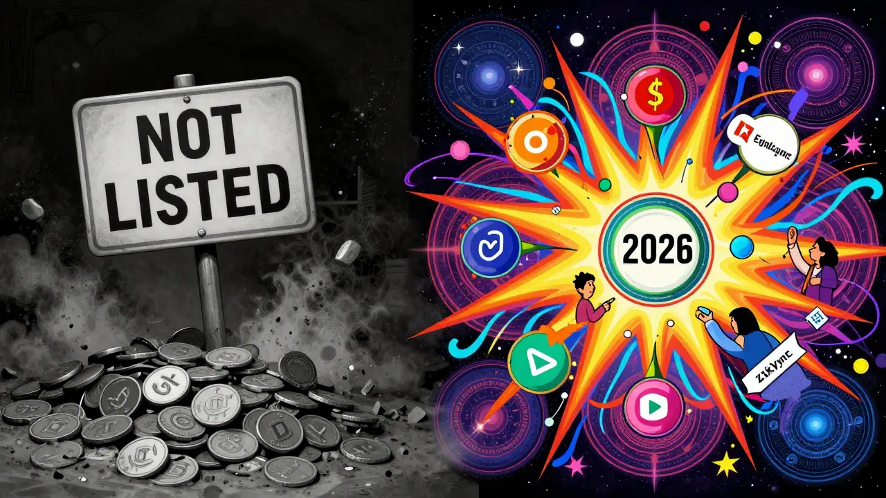 Dead DRCT tokens crumbling beside glowing real airdrops like Notcoin and EigenLayer, in psychedelic contrast.