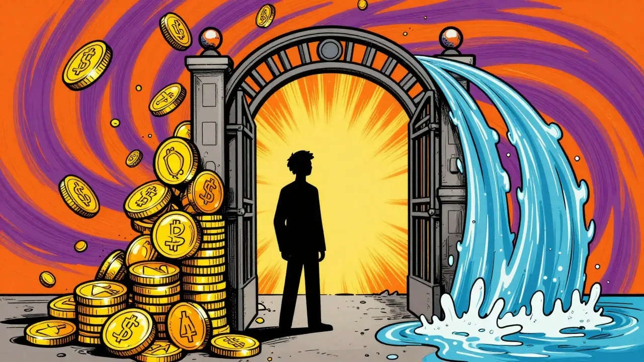 Figure at a colorful gateway balancing coins and water for regulation.