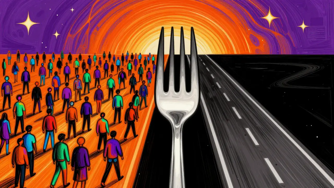 Fork in the road showing a busy safe path and a risky empty path.