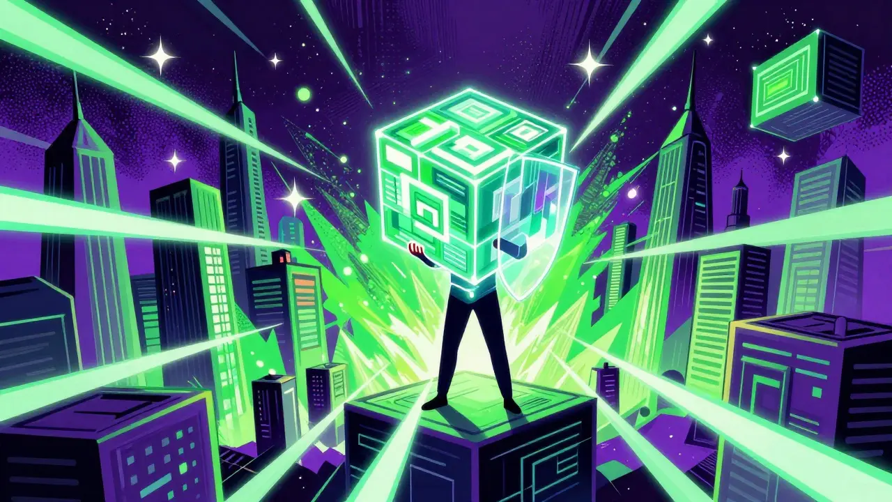 Futuristic cityscape with secure digital cube and protective shield in vivid colors.