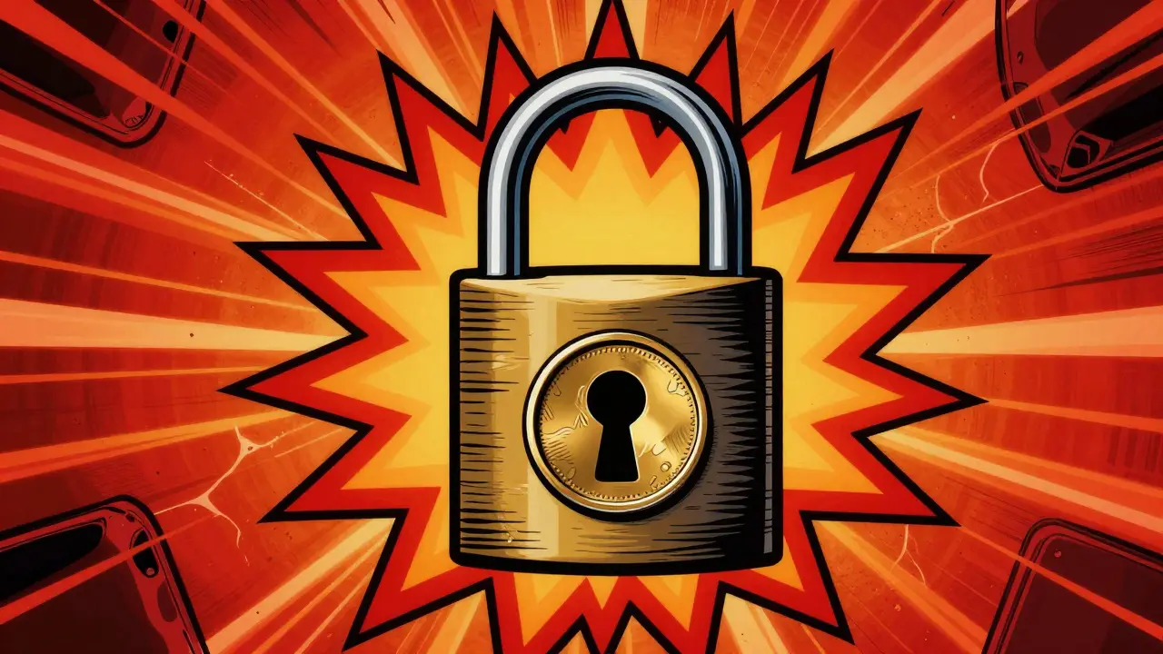 Locked vault icon surrounded by bright warning symbols in pop art style