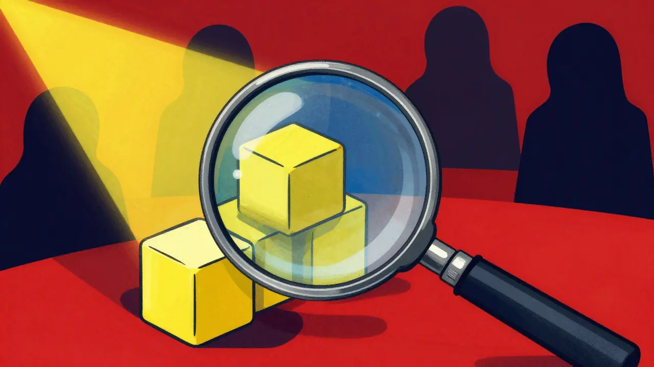 Magnifying glass inspecting blockchain links