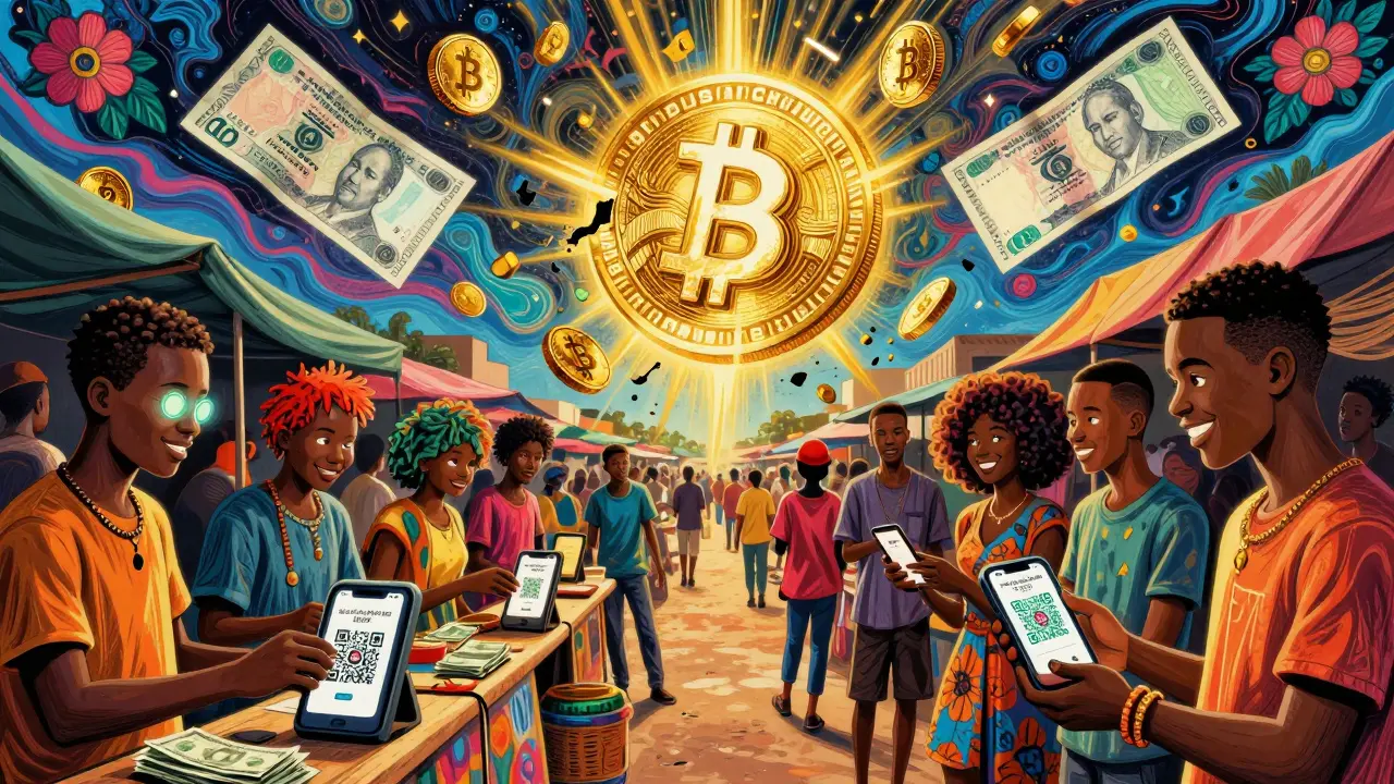 Market vendors in Abuja accept crypto payments while USDT coins glow above crumbling naira bills in a vibrant, 1960s-inspired street scene.