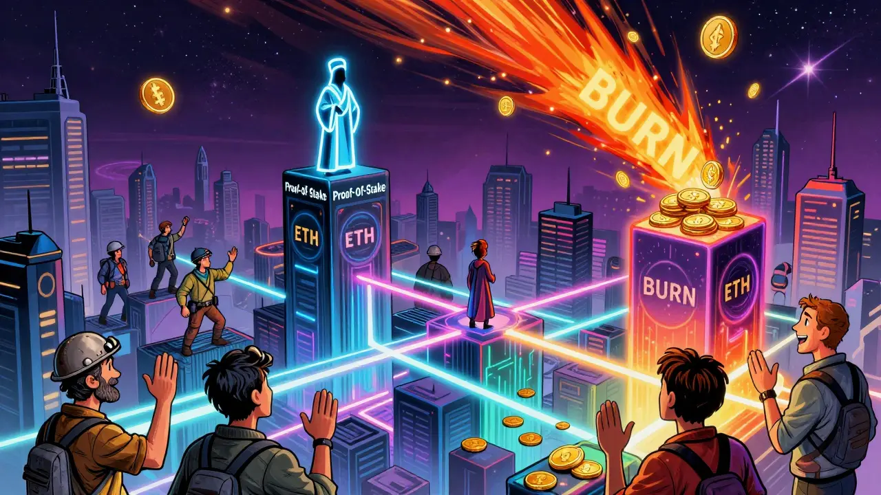 Miners fading away as validators watch ETH burn in a neon cityscape powered by proof-of-stake.