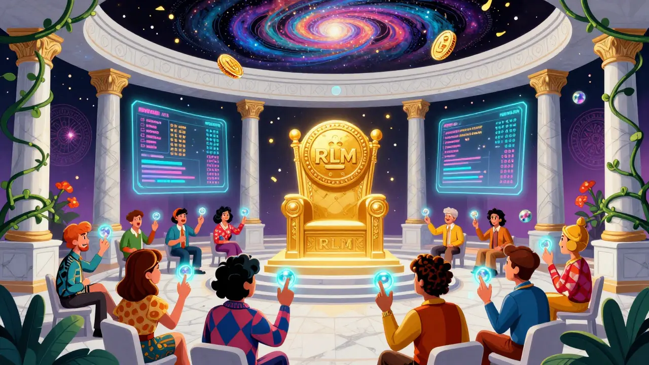 NFT marbles floating around a glowing RLM throne as players vote in a psychedelic governance hall.