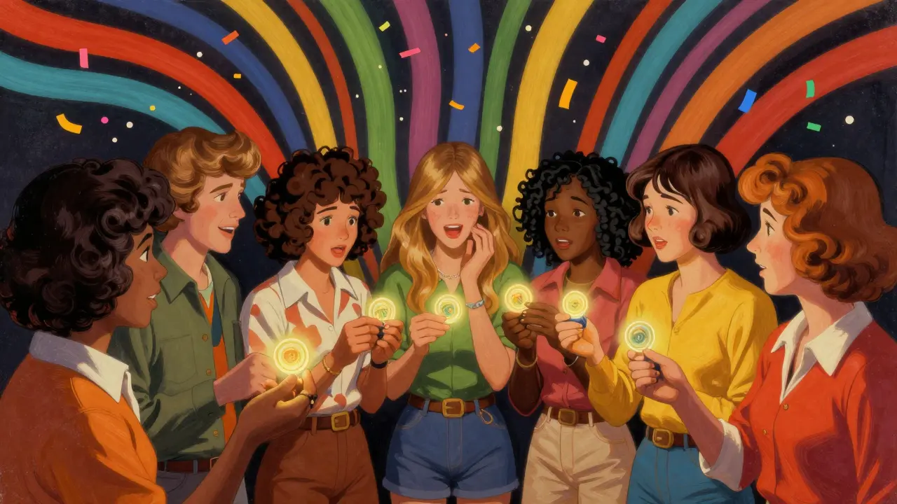 People exchanging glowing tokens with swirling colors