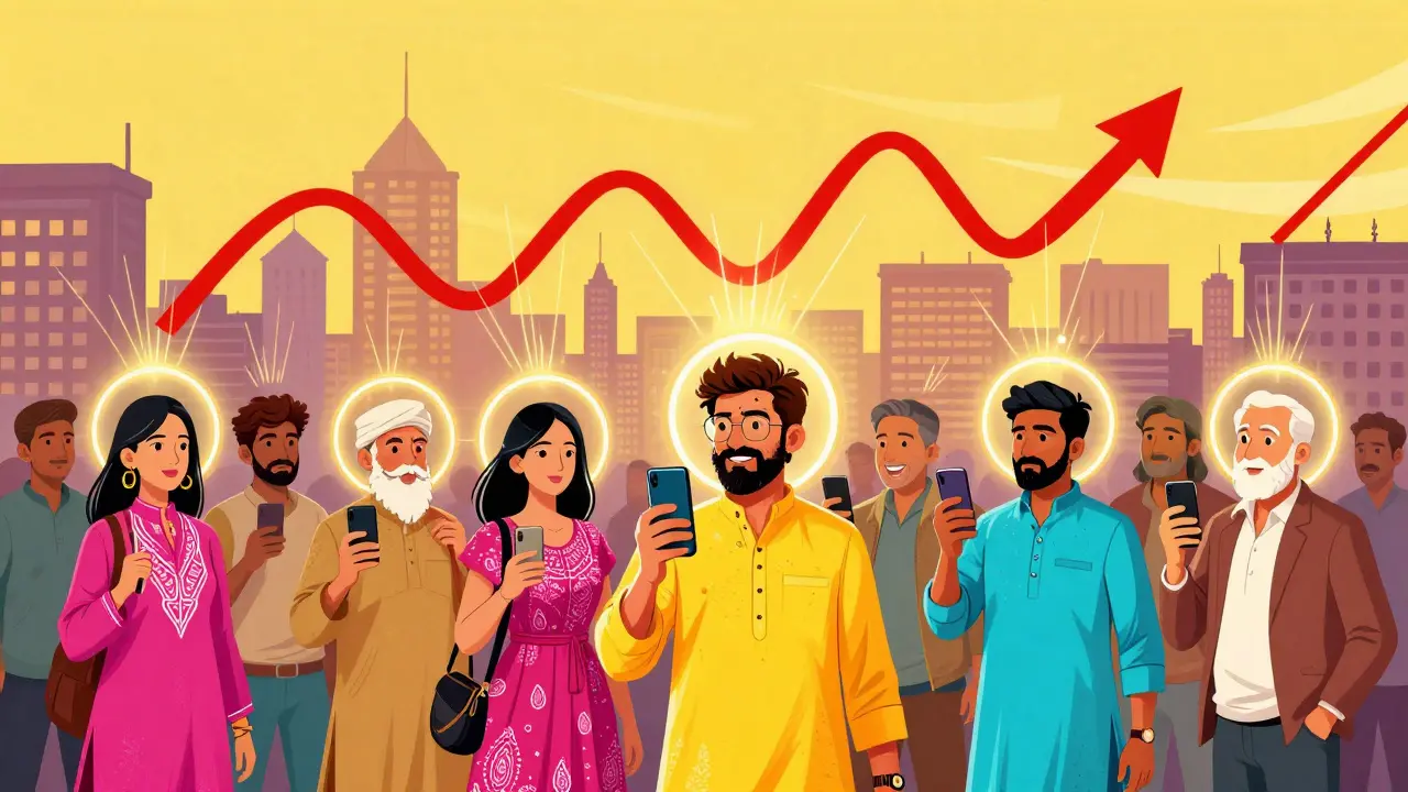 People holding phones with protective lights against red waves