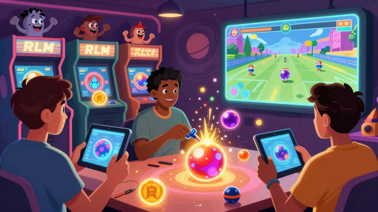 Players in a neon-lit arcade upgrading NFT marbles with floating RLM tokens around them.