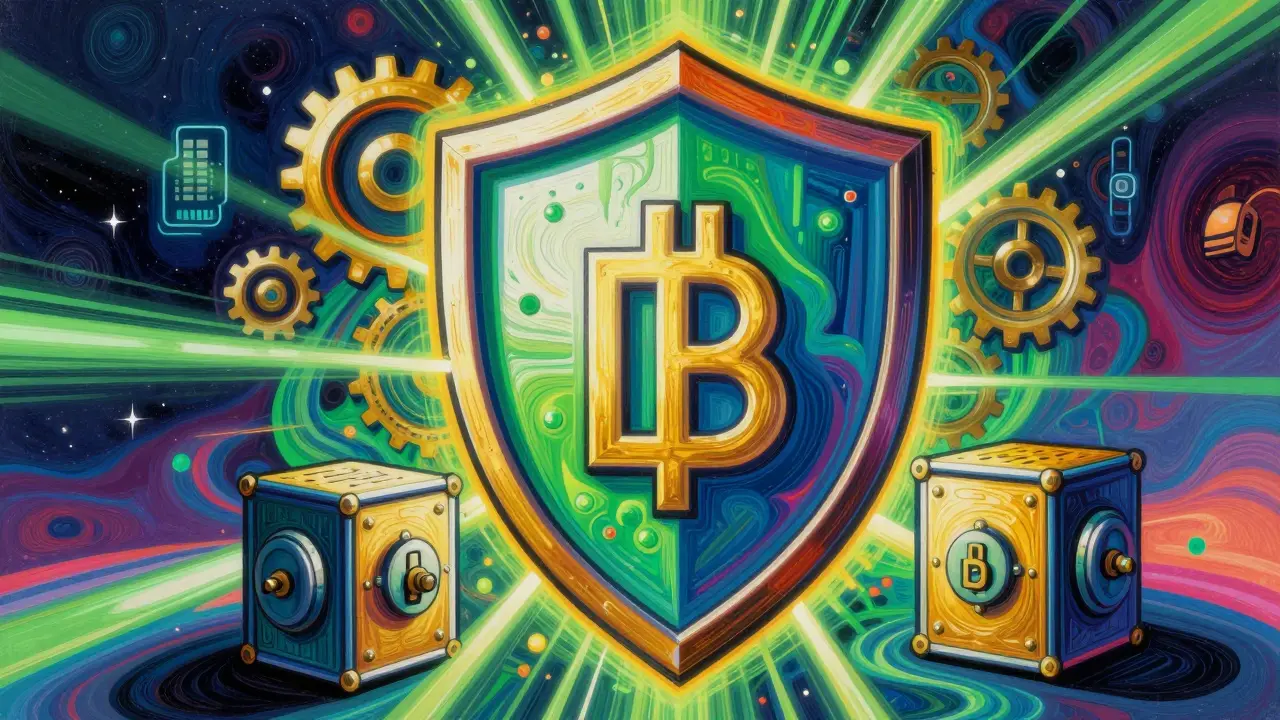 Shield of light protecting digital blocks in psychedelic art style.