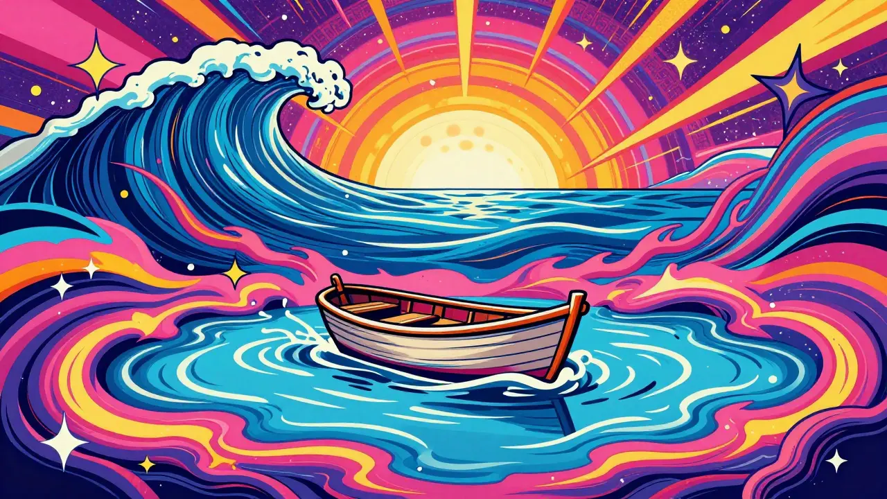 Tiny boat in a small puddle versus a large vibrant ocean.