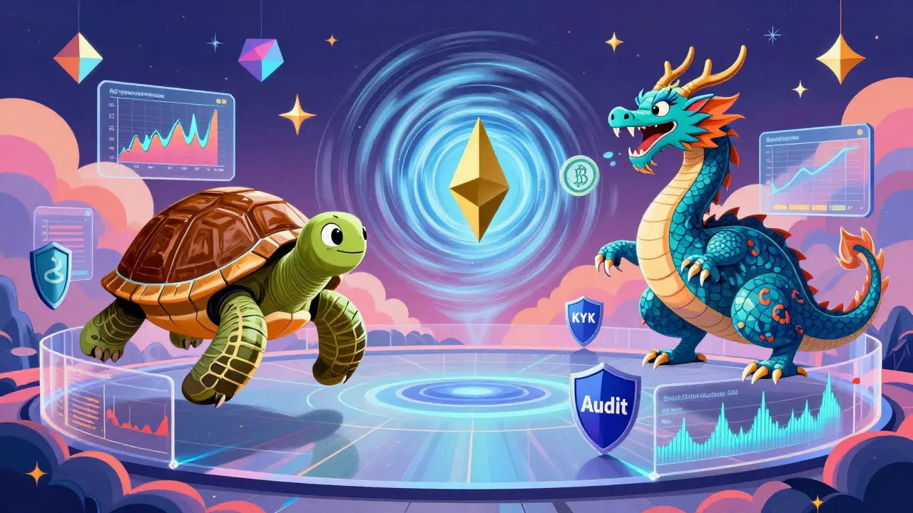 Trading instruments as colorful creatures dancing around charts and regulatory shields in vibrant patterns.