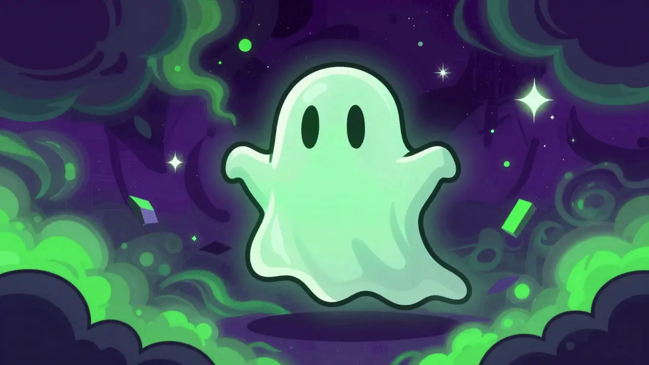 Translucent ghost coin fading into a neon digital void space