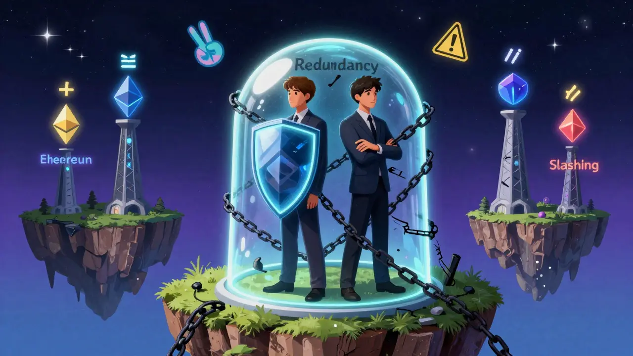 Two validators on a floating island—one protected, one collapsing—as slashing chains wrap around, in Peter Max style.