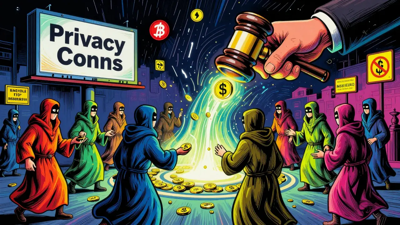 Underground crypto exchange with masked traders and a giant regulatory hand crushing privacy coin signs in vivid colors.