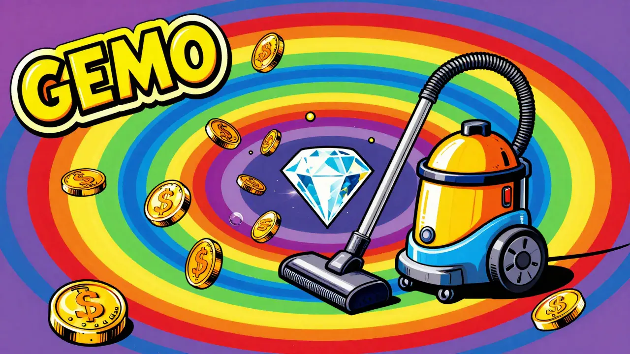 A colorful illustration of a golden token vacuuming up smaller tokens in a rainbow vortex.