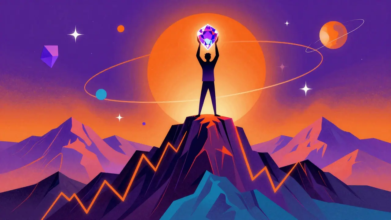 A figure standing on a neon mountain peak holding a glowing gem under a cosmic purple and orange sky.