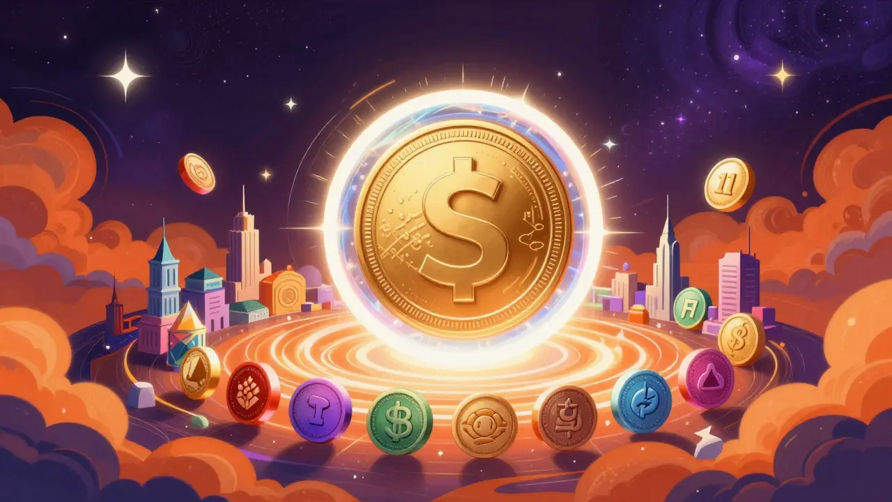 A glowing gold USD1 stablecoin orb surrounded by colorful tokens in a cosmic space setting.
