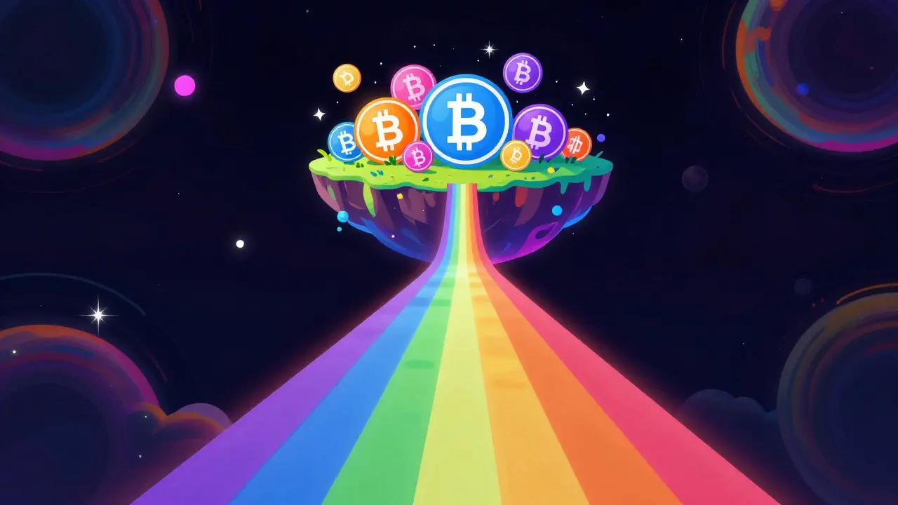 A glowing rainbow bridge leading to a floating crypto island in a cosmic void.