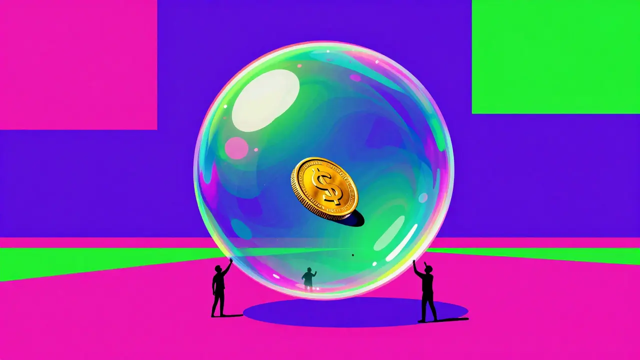 A gold coin trapped in an iridescent bubble over a neon void in a vibrant art style
