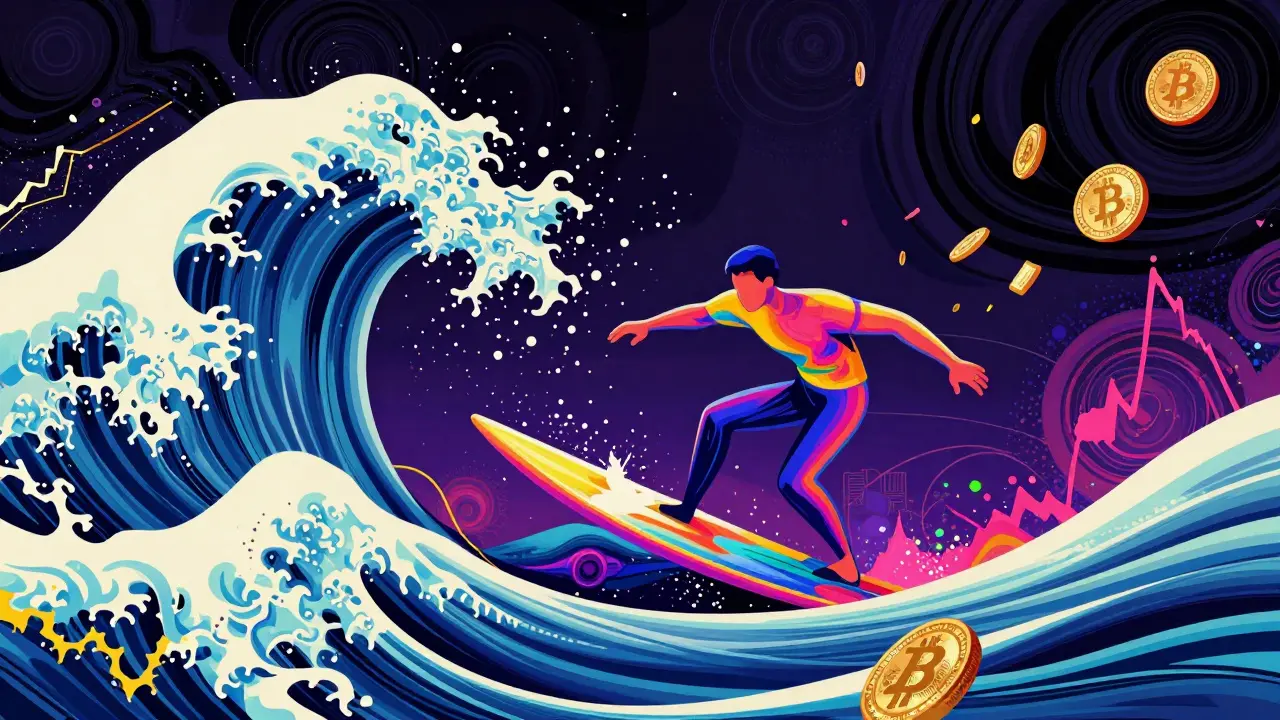 A person surfing on a neon-colored price wave amidst floating digital currency fragments.