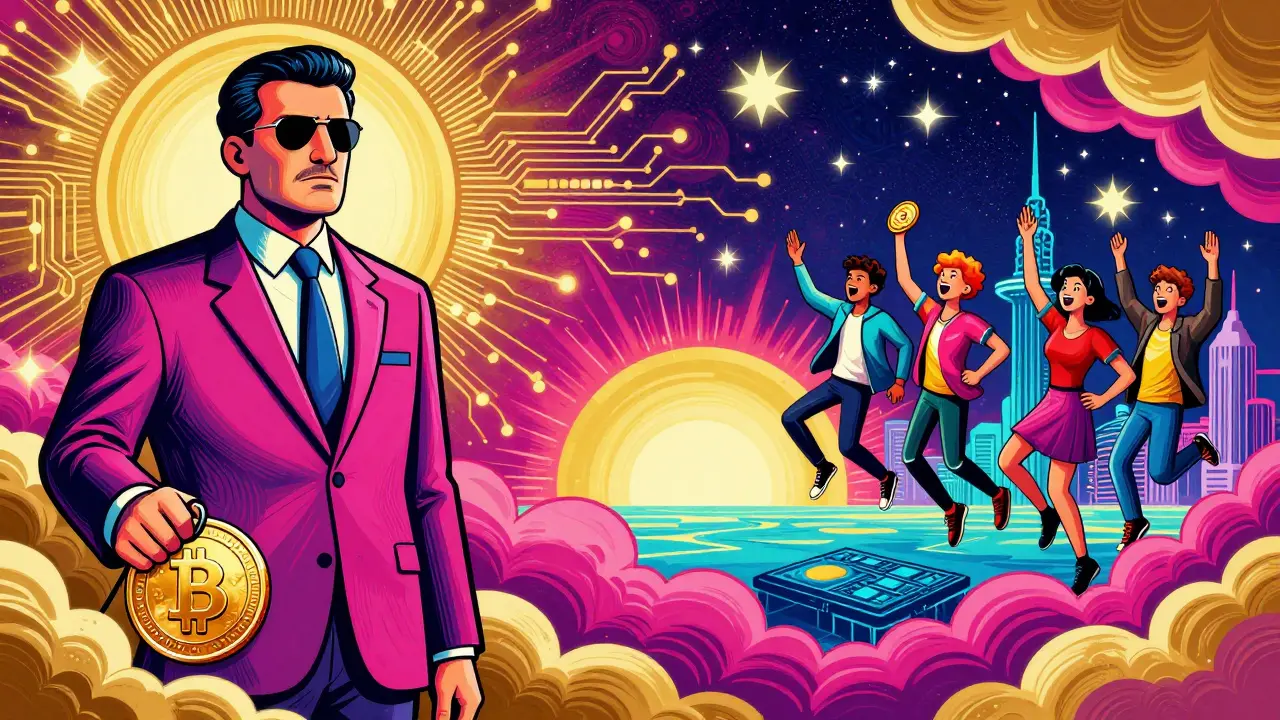 Abstract art depicting a government official controlling a digital coin while tech talent leaves.