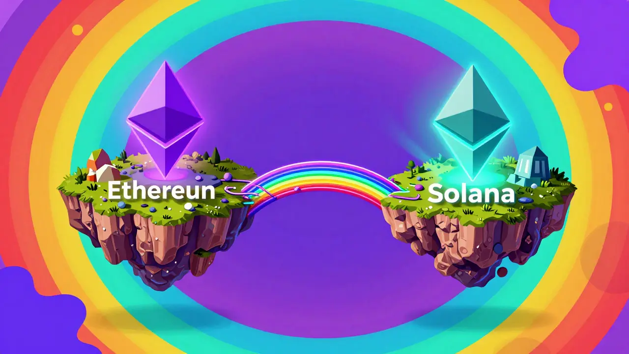 Colorful abstract representation of two blockchain networks connected by a rainbow bridge