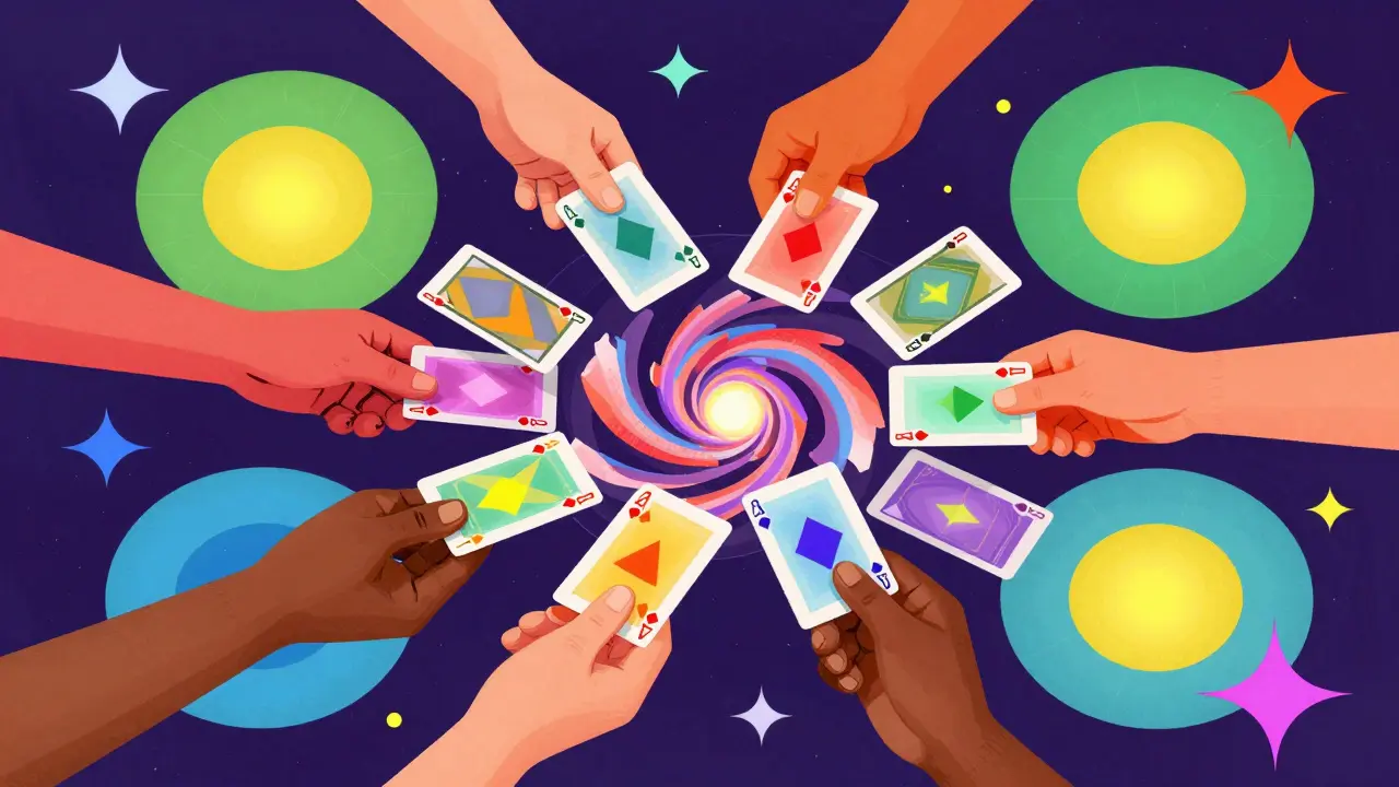 Colorful artistic depiction of multiple hands shuffling cards in a cosmic, encrypted vortex.