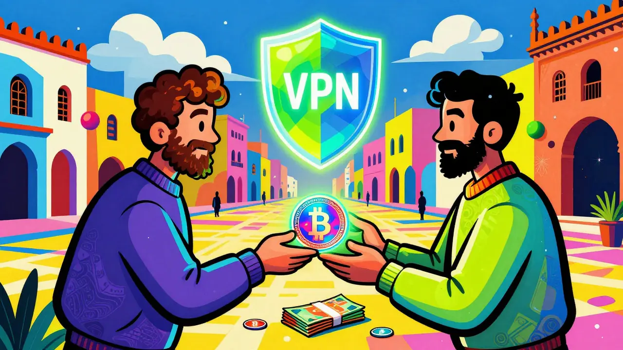 Colorful cartoon of two people exchanging digital coins for cash in a stylized city.