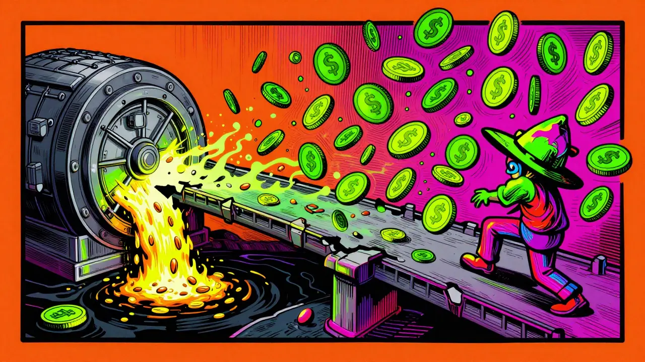 Colorful cartoon showing a breaking digital bridge with leaking gold and fake tokens.