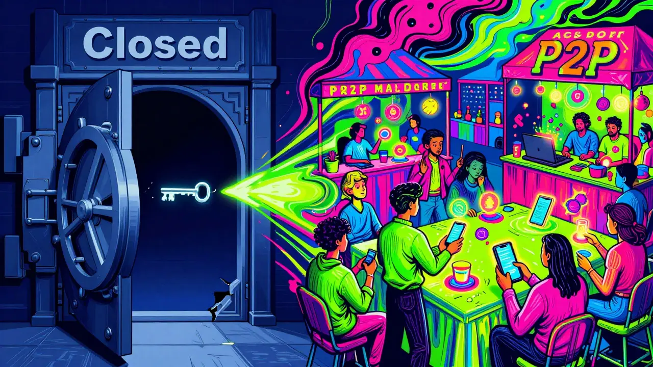 Colorful contrast between a closed bank vault and a vibrant P2P crypto market.