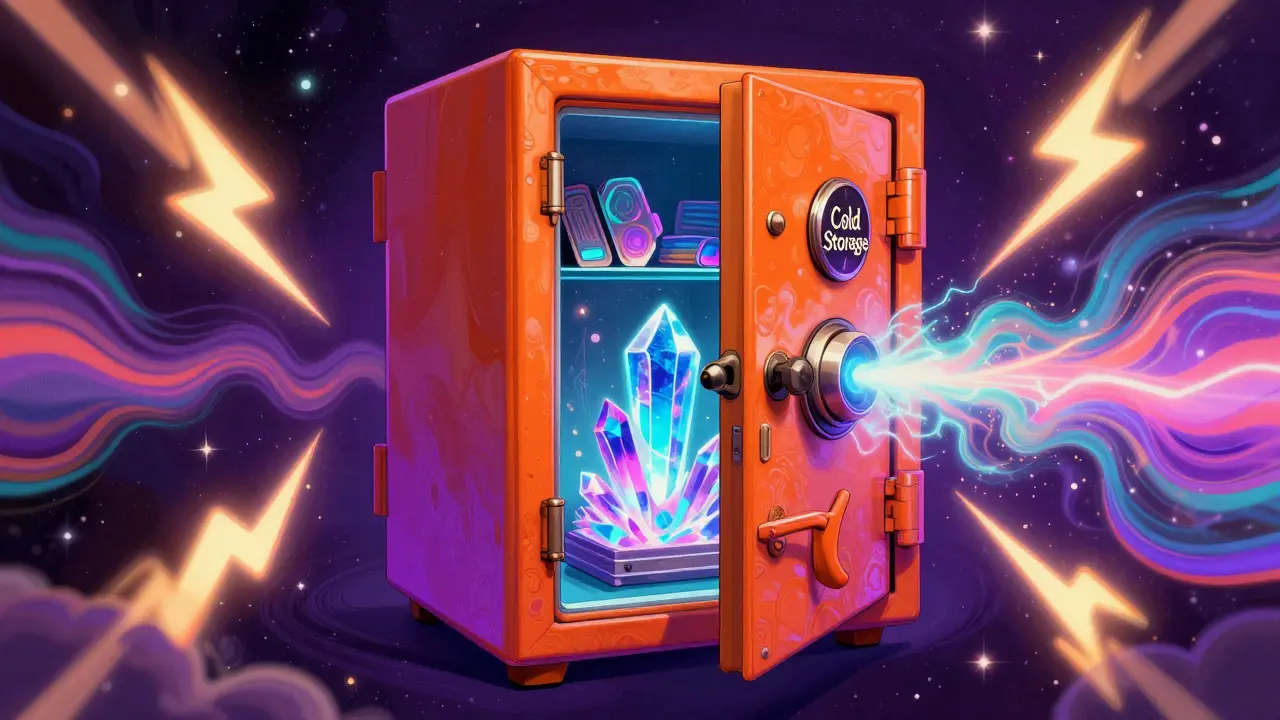 Colorful illustration of a physical safe protecting digital crystals from neon lightning.