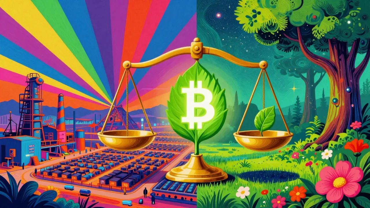 Colorful illustration of a scale balancing a golden Bitcoin and a green leaf in a surreal landscape.
