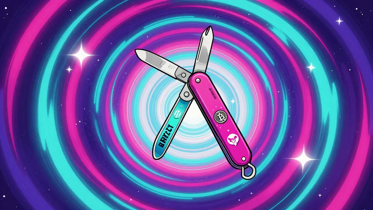 Colorful multi-tool surrounded by digital Bitcoin symbols in a kaleidoscopic void.