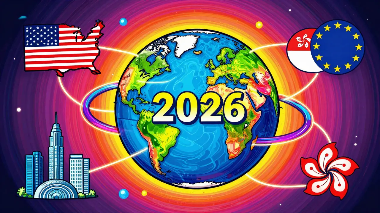 Colorful pop art globe showing connected regulatory hubs in the US, Asia, and Europe.