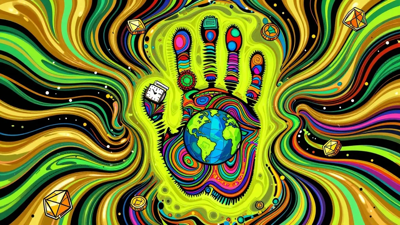 Colorful pop-art thumbprint with data symbols and glowing TRON network currents