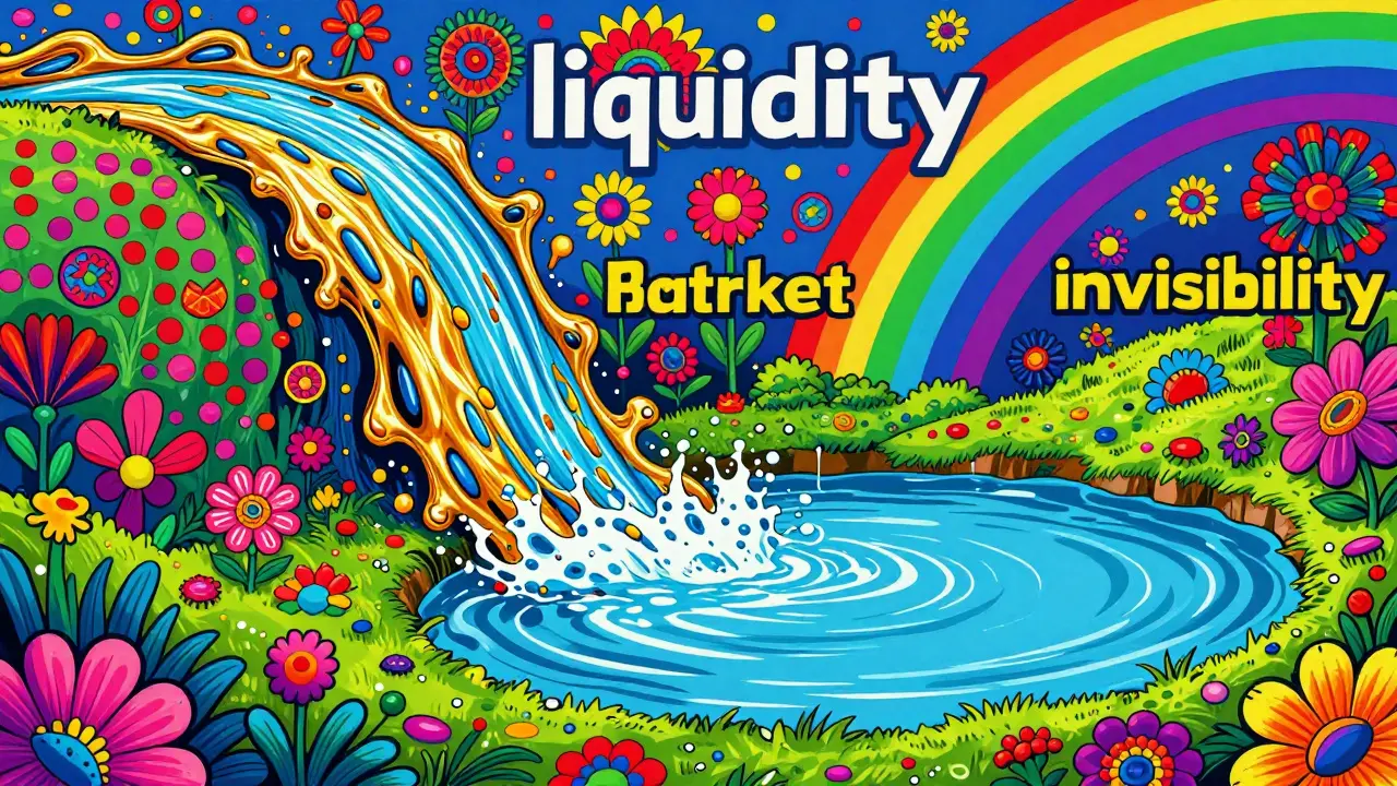 Colorful surreal art showing a massive river of gold flowing past a small, empty pond.