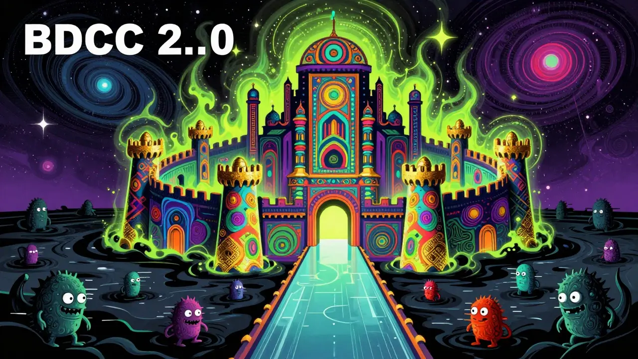 Colorful surreal illustration of a secure digital fortress representing the BDCC 2.0 blockchain.