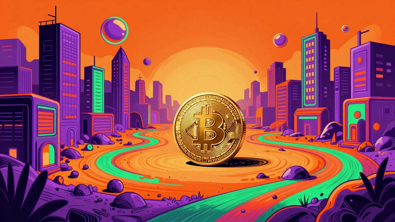 Colorful surreal landscape showing a single gold coin in a deserted neon digital ghost town