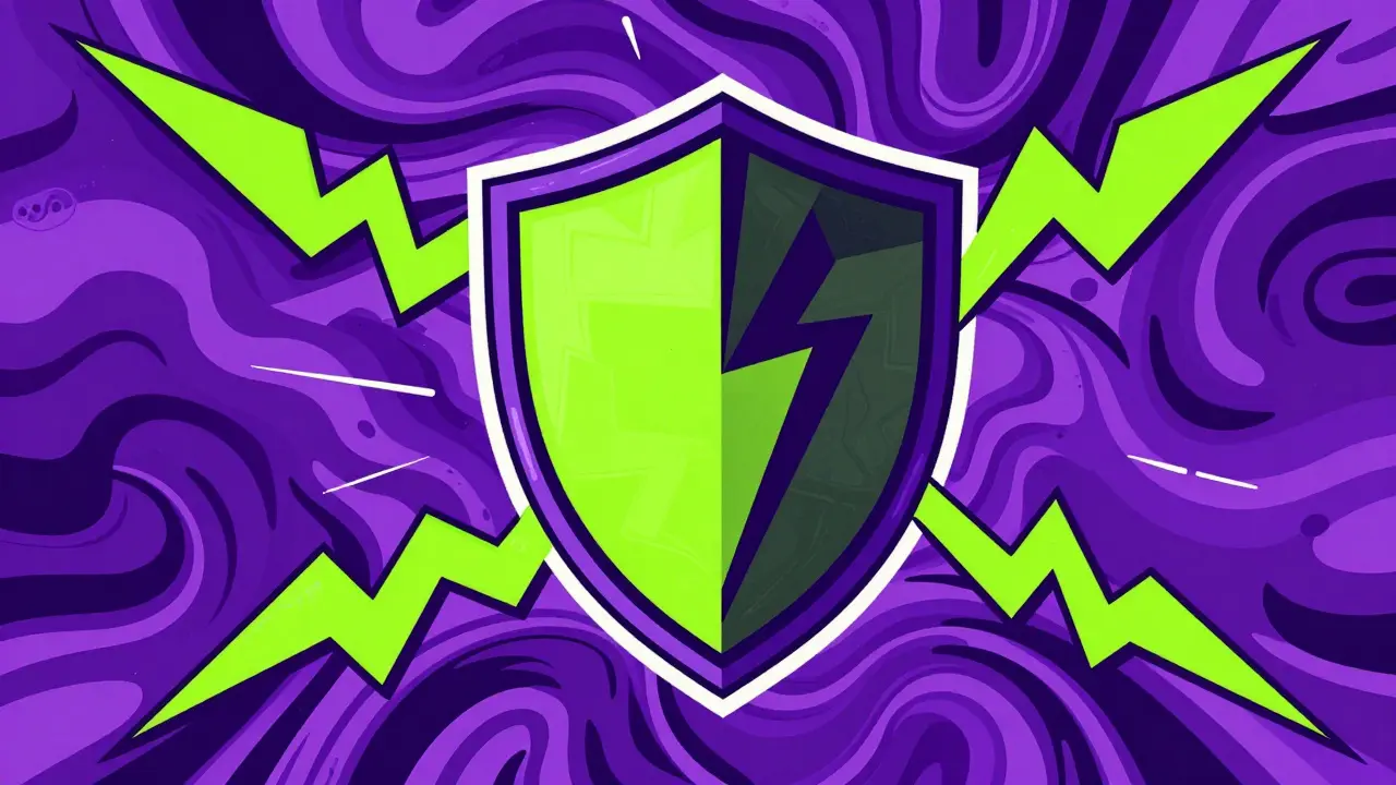 Neon lightning bolts hitting secure blockchain blocks in art