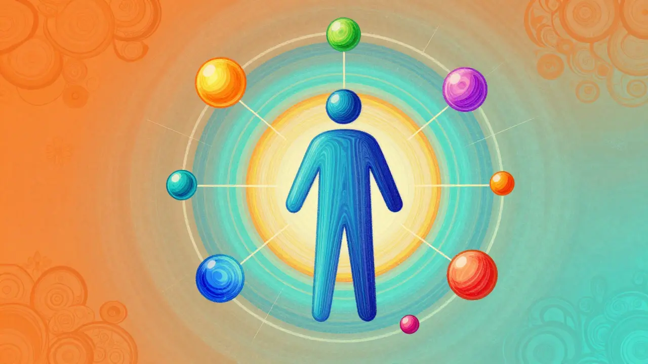 Person surrounded by glowing network orbs in colorful art