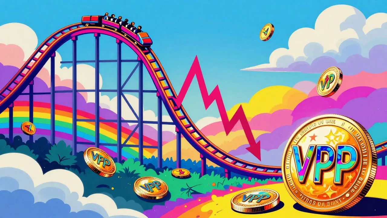 Pop-art style image of a rollercoaster price chart with colorful VPP tokens in a surreal landscape.