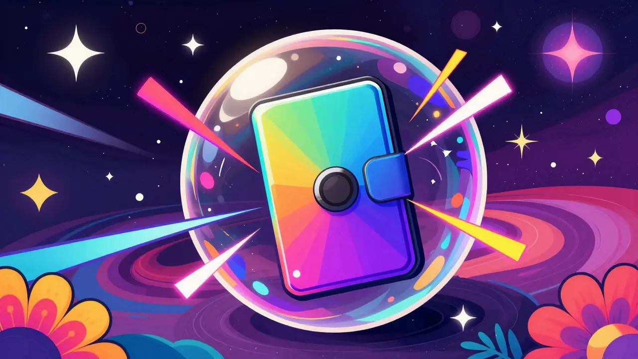 Psychedelic artwork of a hardware wallet protected by a shimmering iridescent bubble.