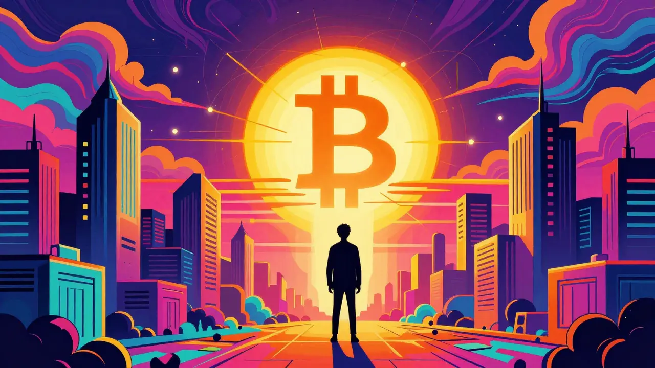 Stylized figure in a neon geometric ghost town looking toward a rising digital sun.