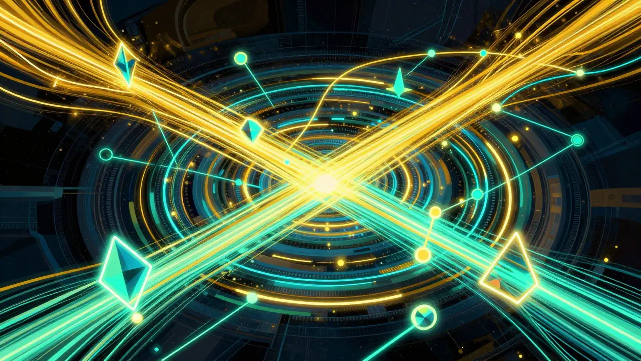 Vibrant abstract network of neon conduits representing a decentralized exchange protocol.