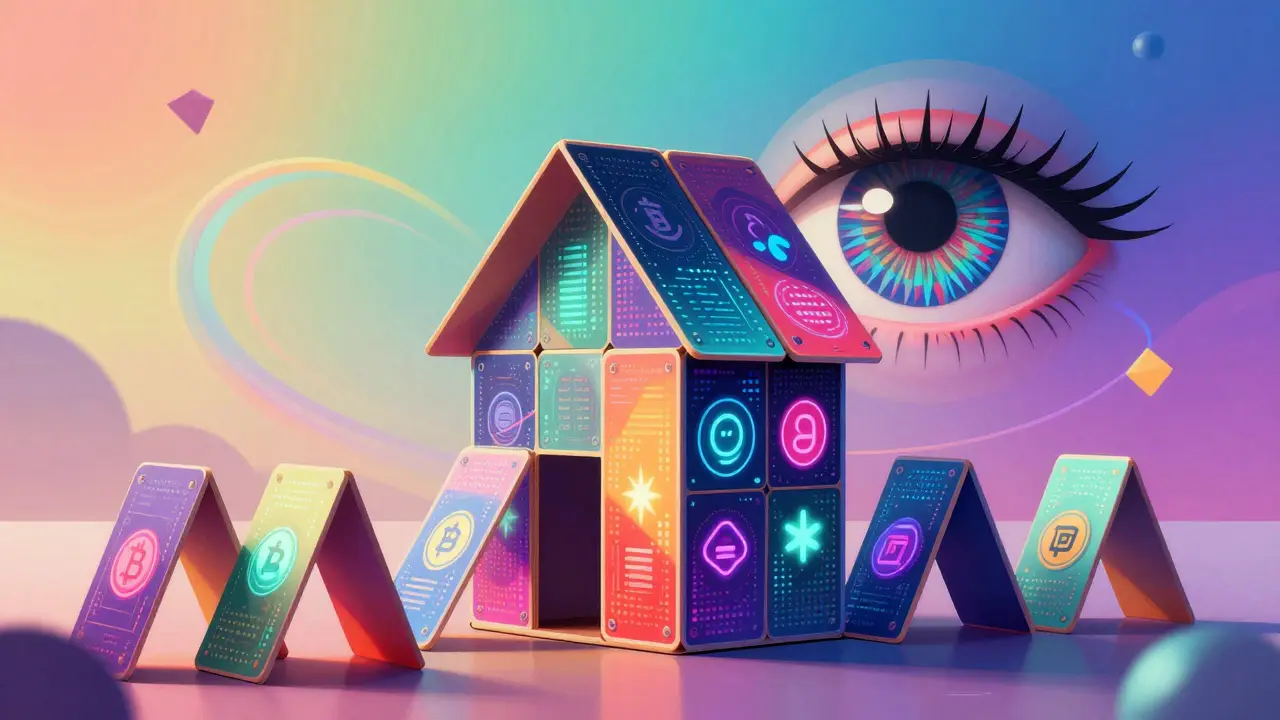 Vibrant artwork of a fragile house of cards made of glowing cryptocurrency tokens.