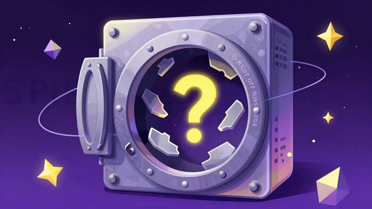 Vibrant cosmic depiction of a shimmering vault with floating question marks.