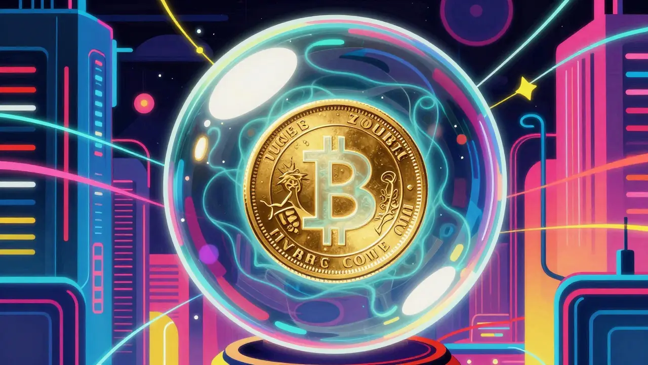 Vibrant illustration of a ghostly coin trapped in a bubble next to a pulsing modern digital city