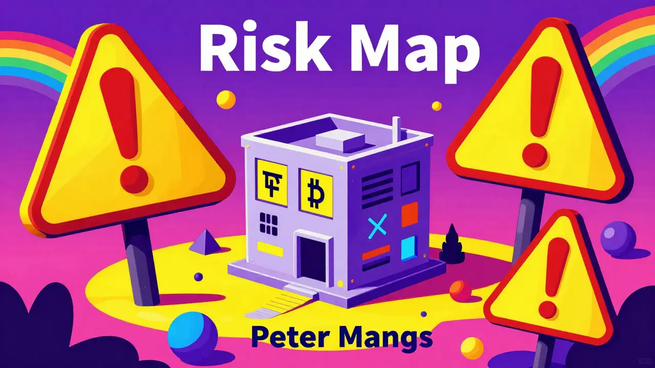 Vibrant illustration of a risky crypto exchange surrounded by colorful warning symbols.